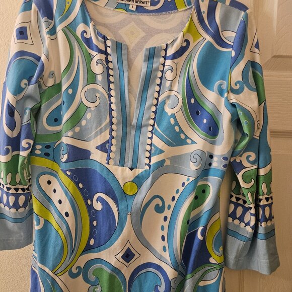 Gerwit boho popover v neck tunic Fun Blue 70s Flare Sleeve Midi cotton dress L - Picture 6 of 10